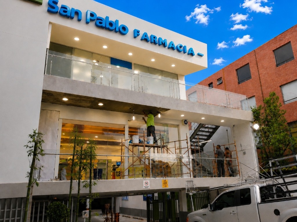 Detalle de cancelería de aluminio, vidrio y barandal de cristal templado en Farmacia San Pablo